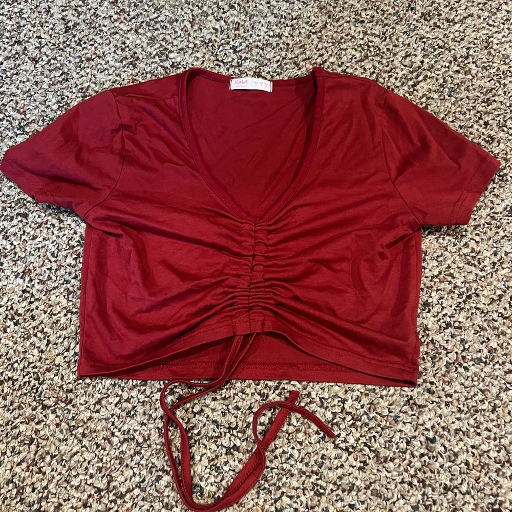 ROMWE Burgundy Ruched Tie Crop Top